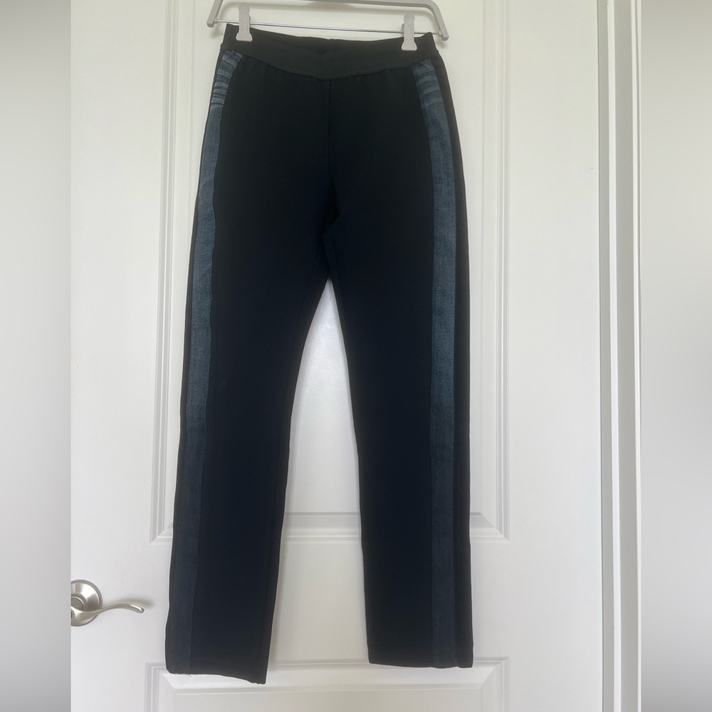 Save The Queen stretch black pants/ joggers with denim side panels S great
